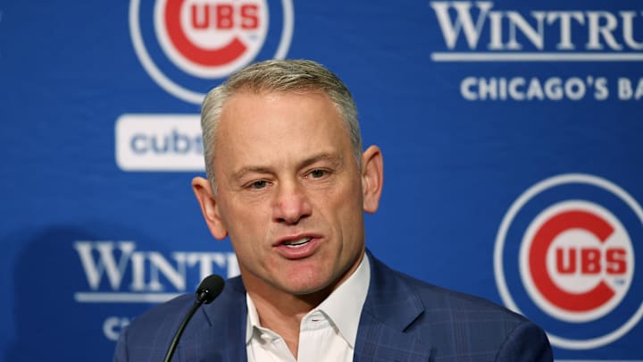 Jan 12, 2024; Chicago, IL, USA; Chicago Cubs president of baseball operations Jed Hoyer talks to the media after introducing pitcher Shota Imanaga (not pictured) during a press conference at Loews Chicago Hotel. 