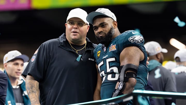 Feb 9, 2025; New Orleans, LA, USA; Philadelphia Eagles defensive end Brandon Graham (55) with team security guard Dom DiSandro after defeating the Kansas City Chiefs during Super Bowl LIX at Ceasars Superdome. Mandatory Credit: Mark J. Rebilas-Imagn Images Feb 9, 2025; New Orleans, LA, USA; Philadelphia Eagles defensive end Brandon Graham (55) with team security guard Dom DiSandro after defeating the Kansas City Chiefs during Super Bowl LIX at Ceasars Superdome. Mandatory Credit: Mark J. Rebilas-Imagn Images