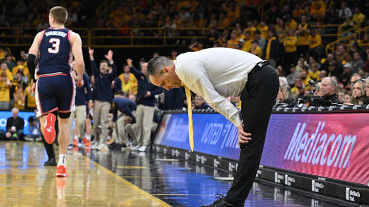 Jan 11, 2026; Iowa City, Iowa, USA; Iowa Hawkeyes head coach Ben McCollum reacts late during the second half against the Illinois Fighting Illini at Carver-Hawkeye Arena. Mandatory Credit: Jeffrey Becker-Imagn Images