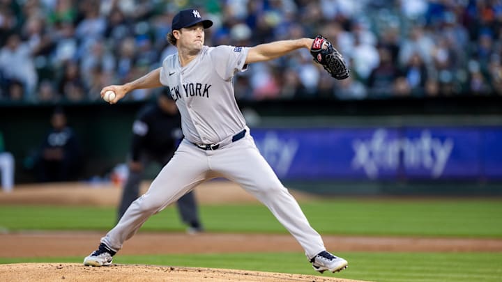 Sep 20, 2024; Oakland, California, USA; New York Yankees pitcher Gerrit Cole (45) throws a pitch during the first inning against the Oakland Athletics at Oakland-Alameda County Coliseum. Mandatory Credit: Bob Kupbens-Imagn Images Sep 20, 2024; Oakland, California, USA; New York Yankees pitcher Gerrit Cole (45) throws a pitch during the first inning against the Oakland Athletics at Oakland-Alameda County Coliseum. Mandatory Credit: Bob Kupbens-Imagn Images
