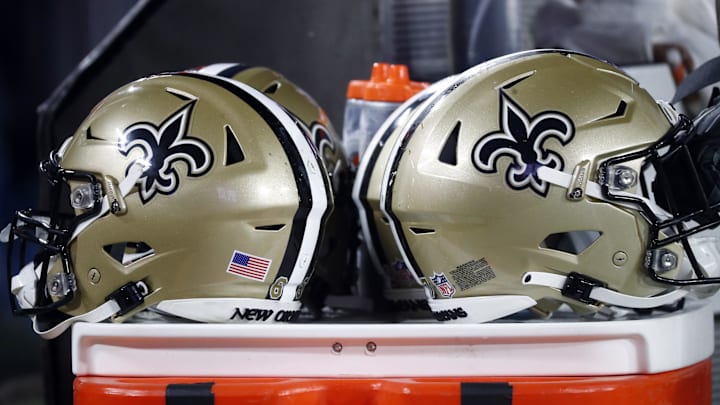 Dec 19, 2021; Tampa, Florida, USA; A detail view of New Orleans Saints helmets against the Tampa Bay Buccaneers during the second half at Raymond James Stadium. Mandatory Credit: Kim Klement-Imagn Images Dec 19, 2021; Tampa, Florida, USA; A detail view of New Orleans Saints helmets against the Tampa Bay Buccaneers during the second half at Raymond James Stadium. Mandatory Credit: Kim Klement-Imagn Images