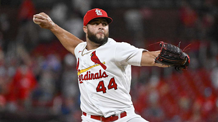 Jul 11, 2022; St. Louis, Missouri, USA; St. Louis Cardinals relief pitcher Junior Fernandez (44) pitches against the Philadelphia Phillies during the ninth inning at Busch Stadium. Mandatory Credit: Jeff Curry-Imagn Images Jul 11, 2022; St. Louis, Missouri, USA; St. Louis Cardinals relief pitcher Junior Fernandez (44) pitches against the Philadelphia Phillies during the ninth inning at Busch Stadium. Mandatory Credit: Jeff Curry-Imagn Images