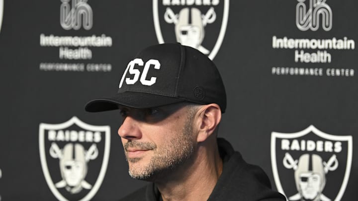 Apr 25, 2025; Henderson, NV, USA; (L-R) Las Vegas Raiders general manager John Spytek during a news conference introducing Ashton Jeanty as the first round draft pick in the 2025 NFL Draft at Intermountain Health Performance Center. Mandatory Credit: Candice Ward-Imagn Images
