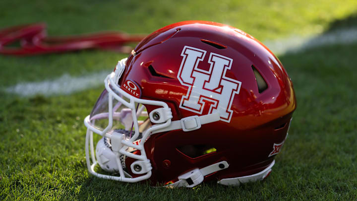 Oct 25, 2025; Tempe, Arizona, USA; Detailed view of a Houston Cougars helmet at Mountain America Stadium. Mandatory Credit: Mark J. Rebilas-Imagn Images