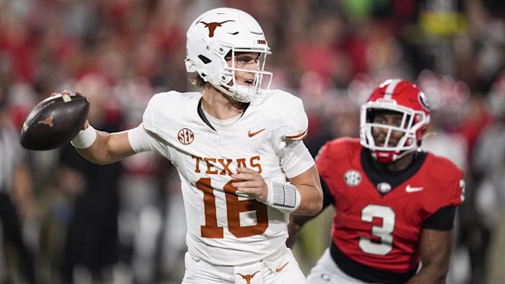 Nov 15, 2025; Athens, Georgia, USA; Texas Longhorns quarterback Arch Manning (16) looks to make a pass during the first half against the Georgia Bulldogs at Sanford Stadium. Mandatory Credit: Dale Zanine-Imagn Images Nov 15, 2025; Athens, Georgia, USA; Texas Longhorns quarterback Arch Manning (16) looks to make a pass during the first half against the Georgia Bulldogs at Sanford Stadium. Mandatory Credit: Dale Zanine-Imagn Images