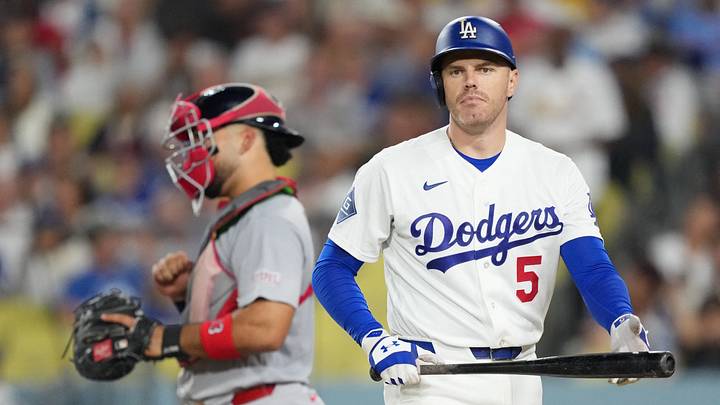 Sep 3, 2026; Los Angeles, California, USA; Los Angeles Dodgers infielder Freddie Freeman (5) reacts after striking out against St. Louis Cardinals pitcher George Soriano (not pictured) and catcher Leo Bernal (13) during the eighth inning at Dodger Stadium. Mandatory Credit: Kirby Lee-Imagn Images Sep 3, 2026; Los Angeles, California, USA; Los Angeles Dodgers infielder Freddie Freeman (5) reacts after striking out against St. Louis Cardinals pitcher George Soriano (not pictured) and catcher Leo Bernal (13) during the eighth inning at Dodger Stadium. Mandatory Credit: Kirby Lee-Imagn Images