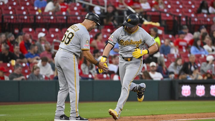 Aug 25, 2025; St. Louis, Missouri, USA;  Pittsburgh Pirates first baseman Spencer Horwitz (2) is congratulated by third base coach Mike Rabelo (58) after hitting a solo home run against the St. Louis Cardinals during the third inning at Busch Stadium. Mandatory Credit: Jeff Curry-Imagn Images