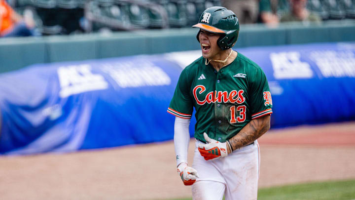 May 23, 2024; Charlotte, NC, USA; Miami (FL) Hurricanes infielder Antonio Jimenez (13) celebrates a three run home run against the Clemson Tigers in the second inning during the ACC Baseball Tournament at Truist Field. Mandatory Credit: Scott Kinser-Imagn Images