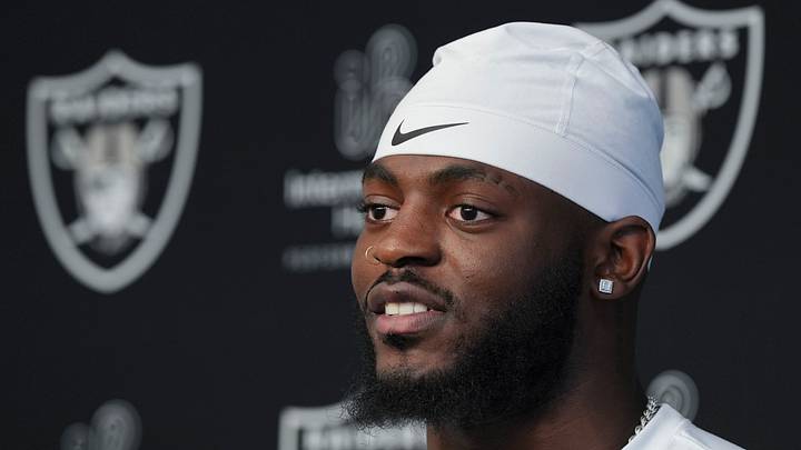 Las Vegas Raiders defensive end Keyron Crawford speaks during a news conference at the team’s Rookie Minicamp. Las Vegas Raiders defensive end Keyron Crawford speaks during a news conference at the team’s Rookie Minicamp.