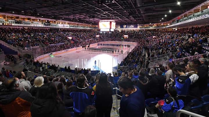 Nov 30, 2024; Toronto, ON, CANADA; A general view of the Coca Cola Coliseu during anthems before the Boston Fleet play the Toronto Sceptres at Coca-Cola Coliseum. Mandatory Credit: Dan Hamilton-Imagn Images Nov 30, 2024; Toronto, ON, CANADA; A general view of the Coca Cola Coliseu during anthems before the Boston Fleet play the Toronto Sceptres at Coca-Cola Coliseum. Mandatory Credit: Dan Hamilton-Imagn Images