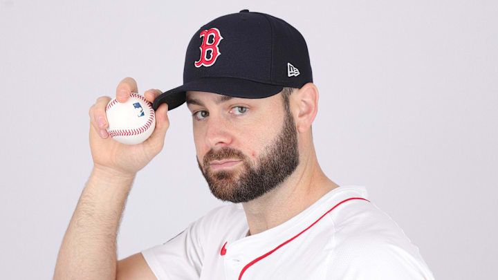Feb 20, 2024; Lee County, FL, USA; Boston Red Sox starting pitcher Lucas Giolito (54) poses for a photo during media day at JetBlue Park. Mandatory Credit: Nathan Ray Seebeck-Imagn Images
