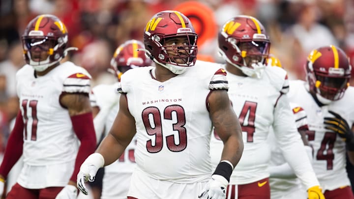 Sep 29, 2024; Glendale, Arizona, USA; Washington Commanders defensive tackle Jonathan Allen (93) against the Arizona Cardinals at State Farm Stadium. Mandatory Credit: Mark J. Rebilas-Imagn Images