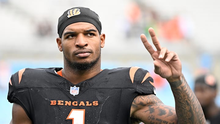 Sep 29, 2024; Charlotte, North Carolina, USA; Cincinnati Bengals wide receiver Ja'Marr Chase (1) comes off the field after the game at Bank of America Stadium. Mandatory Credit: Bob Donnan-Imagn Images