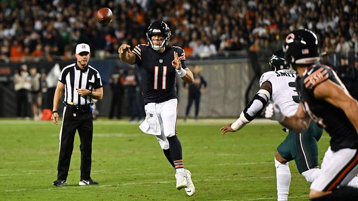 Case Keenum looks for a receiver near the goal line Monday night in the first half against the Eagles.