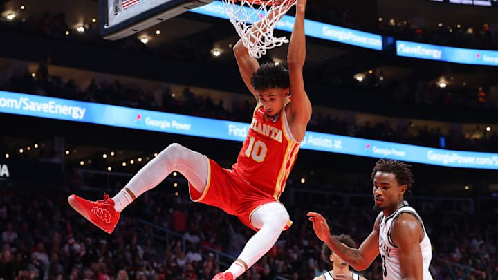Zaccharie Risacher #10 of the Atlanta Hawks