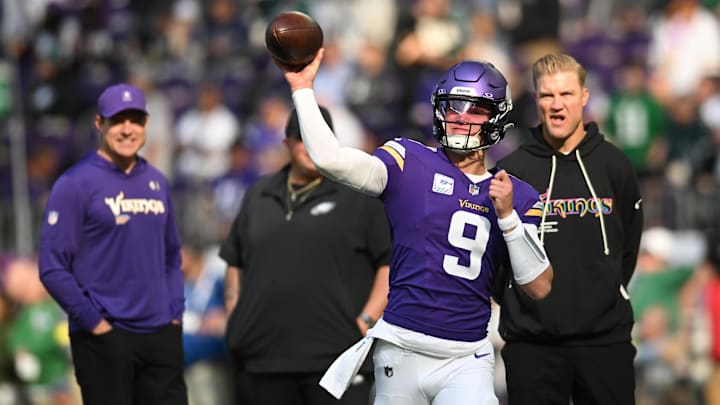 Oct 19, 2025; Minneapolis, Minnesota, USA; Minnesota Vikings quarterback J.J. McCarthy (9) throws a pass during warm ups before the game against the Philadelphia Eagles at U.S. Bank Stadium. Oct 19, 2025; Minneapolis, Minnesota, USA; Minnesota Vikings quarterback J.J. McCarthy (9) throws a pass during warm ups before the game against the Philadelphia Eagles at U.S. Bank Stadium.