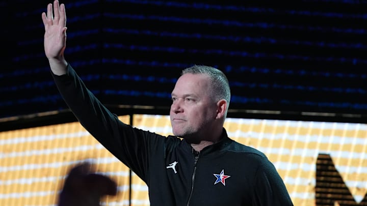 Feb 19, 2023; Salt Lake City, UT, USA; Team LeBron head coach Mike Malone is introduced before the 2023 NBA All-Star Game at Vivint Arena. Mandatory Credit: Kyle Terada-Imagn Images