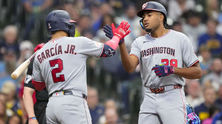 Washington Nationals outfielder James Wood and first baseman Luis Garcia Jr.