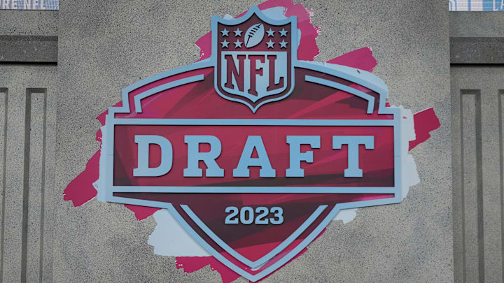 Apr 27, 2023; Kansas City, MO, USA; The 2023 NFL Draft logo on the main stage at Union Station.