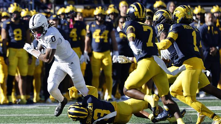 Penn State Nittany Lions wide receiver Chase Sowell (0) runs the ball against the Michigan Wolverines in the first quarter at Michigan Stadium. Penn State Nittany Lions wide receiver Chase Sowell (0) runs the ball against the Michigan Wolverines in the first quarter at Michigan Stadium.