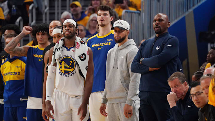 May 10, 2025; San Francisco, California, USA; Golden State Warriors guard Stephen Curry (30) watches from the bench during game three against the Minnesota Timberwolves in the second round of the 2025 NBA Playoffs at Chase Center. Mandatory Credit: David Gonzales-Imagn Images May 10, 2025; San Francisco, California, USA; Golden State Warriors guard Stephen Curry (30) watches from the bench during game three against the Minnesota Timberwolves in the second round of the 2025 NBA Playoffs at Chase Center. Mandatory Credit: David Gonzales-Imagn Images