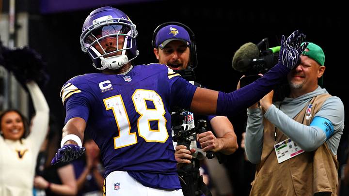 Minnesota Vikings wide receiver Justin Jefferson (18) celebrates after a touchdown during the second half against the Green Bay Packers at U.S. Bank Stadium. Mandatory Credit: Jeffrey Becker-Imagn Images Minnesota Vikings wide receiver Justin Jefferson (18) celebrates after a touchdown during the second half against the Green Bay Packers at U.S. Bank Stadium. Mandatory Credit: Jeffrey Becker-Imagn Images
