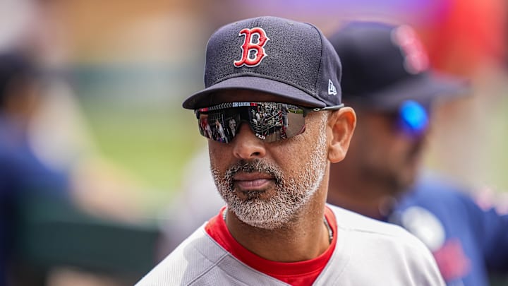 Jun 1, 2025; Cumberland, Georgia, USA; Boston Red Sox manager Alex Cora (13) shown in the dugout before the game against the Atlanta Braves at Truist Park. Mandatory Credit: Dale Zanine-Imagn Images