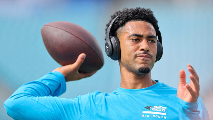 Sep 7, 2025; Jacksonville, Florida, USA; Carolina Panthers quarterback Bryce Young (9) warms up prior to a game against the Jacksonville Jaguars at EverBank Stadium. Mandatory Credit: Morgan Tencza-Imagn Images Sep 7, 2025; Jacksonville, Florida, USA; Carolina Panthers quarterback Bryce Young (9) warms up prior to a game against the Jacksonville Jaguars at EverBank Stadium. Mandatory Credit: Morgan Tencza-Imagn Images