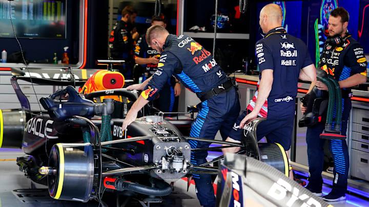 May 4, 2024; Miami Gardens, Florida, USA; Crewmembers work on the Red Bull Racing driver Max Verstappen (1) car in the paddock before the F1 Sprint Race at Miami International Autodrome. Mandatory Credit: John David Mercer-Imagn Images May 4, 2024; Miami Gardens, Florida, USA; Crewmembers work on the Red Bull Racing driver Max Verstappen (1) car in the paddock before the F1 Sprint Race at Miami International Autodrome. Mandatory Credit: John David Mercer-Imagn Images