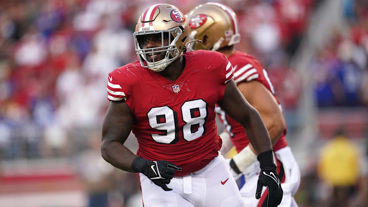 Sep 21, 2023; Santa Clara, California, USA; San Francisco 49ers defensive tackle Javon Hargrave (98) reacts after recording a sack against the New York Giants in the second quarter at Levi's Stadium. Sep 21, 2023; Santa Clara, California, USA; San Francisco 49ers defensive tackle Javon Hargrave (98) reacts after recording a sack against the New York Giants in the second quarter at Levi's Stadium.
