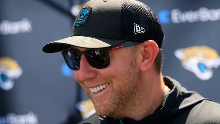 Jacksonville Jaguars head coach Liam Coen speaks to members of the media during the second mandatory minicamp at Miller Electric Center Wednesday, June 11, 2025 in Jacksonville, Fla.
