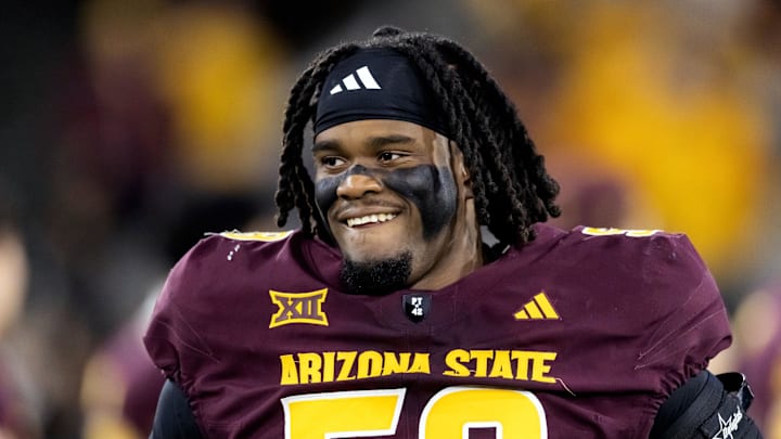 Nov 28, 2025; Tempe, Arizona, USA; Arizona State Sun Devils offensive lineman Max Iheanachor (58) against the Arizona Wildcats during the 99th Territorial Cup at Mountain America Stadium. Mandatory Credit: Mark J. Rebilas-Imagn Images