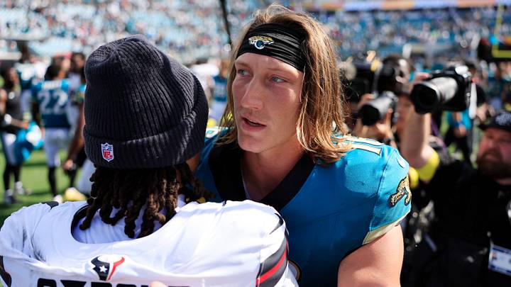 Jacksonville Jaguars quarterback Trevor Lawrence (16) greets Houston Texans quarterback CJ. Stroud (7) mid-field after the game of an NFL football matchup at EverBank Stadium, Sunday, Sept. 21, 2025, in Jacksonville, Fla. The Jaguars defeated the Texans 17-10. [Corey Perrine/Florida Times-Union]