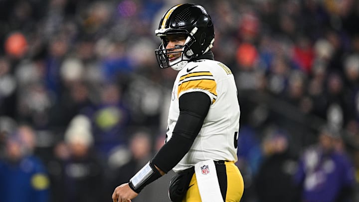Jan 11, 2025; Baltimore, Maryland, USA; Pittsburgh Steelers quarterback Russell Wilson (3) looks on in the first quarter against the Baltimore Ravens in an AFC wild card game at M&T Bank Stadium.