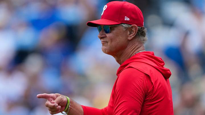 Jul 6, 2026; Kansas City, Missouri, USA; Philadelphia Phillies interim manager Don Mattingly (8) calls to the bullpen during the fourth inning against the Kansas City Royals at Kauffman Stadium. Jul 6, 2026; Kansas City, Missouri, USA; Philadelphia Phillies interim manager Don Mattingly (8) calls to the bullpen during the fourth inning against the Kansas City Royals at Kauffman Stadium.