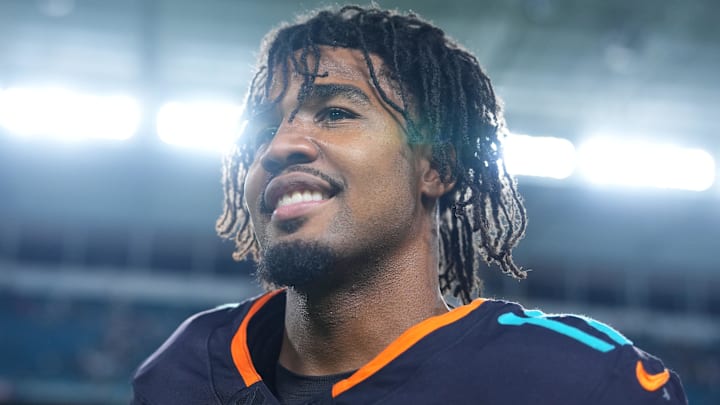 Sep 29, 2025; Miami Gardens, Florida, USA; Miami Dolphins wide receiver Jaylen Waddle (17) reacts after the game against the New York Jets at Hard Rock Stadium. Mandatory Credit: Rich Storry-Imagn Images
