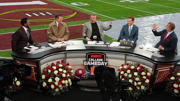 Desmond Howard, Rece Davis, Pat McAfee, Nick Saban and Kirk Herbstreit on the ESPN ‘College GameDay’ set during the 2026 Rose Bowl. Desmond Howard, Rece Davis, Pat McAfee, Nick Saban and Kirk Herbstreit on the ESPN ‘College GameDay’ set during the 2026 Rose Bowl.