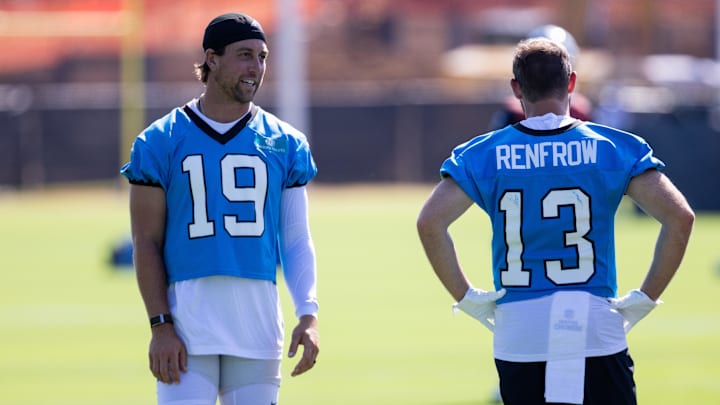 Jul 23, 2025; Charlotte, NC, USA; Carolina Panthers wide receiver Adam Thielen (19) talks with wide receiver Hunter Renfrow (13) during Panthers Training Camp. Mandatory Credit: Scott Kinser-Imagn Images Jul 23, 2025; Charlotte, NC, USA; Carolina Panthers wide receiver Adam Thielen (19) talks with wide receiver Hunter Renfrow (13) during Panthers Training Camp. Mandatory Credit: Scott Kinser-Imagn Images