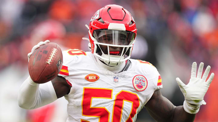 Oct 29, 2023; Denver, Colorado, USA; Kansas City Chiefs linebacker Willie Gay (50) celebrates his Oct 29, 2023; Denver, Colorado, USA; Kansas City Chiefs linebacker Willie Gay (50) celebrates his