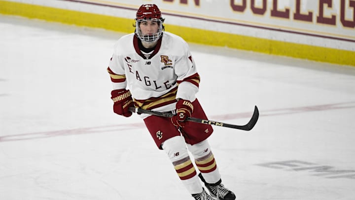 Feb 28, 2025; Chestnut Hill, MA, USA; Boston College defenseman Drew Fortescue (5) skates against the University of New Hampshire Wildcats during the third period at Conte Forum. Mandatory Credit: Eric Canha-Imagn Images