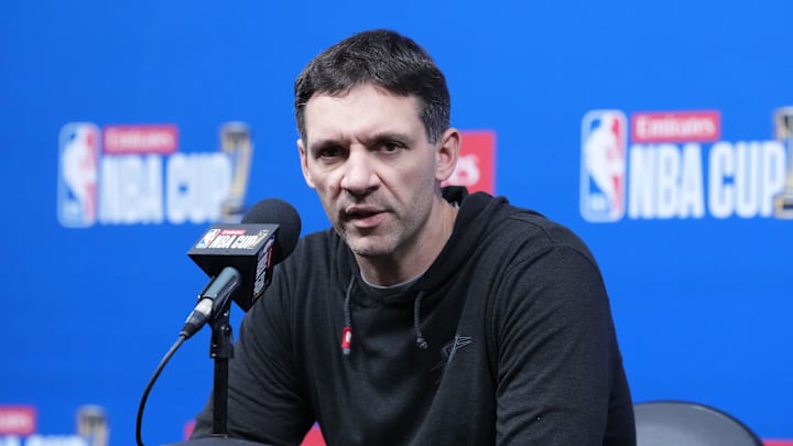 Dec 12, 2025; Las Vegas, NV, USA; Oklahoma City Thunder head coach Mark Daigneault at press conference prior to the Emirates Cup semifinals at T-Mobile Arena. Mandatory Credit: Kirby Lee-Imagn Images Dec 12, 2025; Las Vegas, NV, USA; Oklahoma City Thunder head coach Mark Daigneault at press conference prior to the Emirates Cup semifinals at T-Mobile Arena. Mandatory Credit: Kirby Lee-Imagn Images
