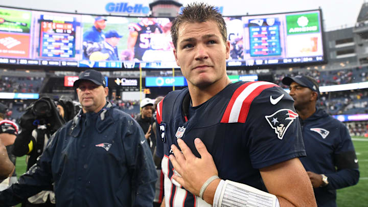 Sep 7, 2025; Foxborough, Massachusetts, USA; New England Patriots quarterback Drake Maye (10) reacts after the game at Gillette Stadium. Mandatory Credit: Brian Fluharty-Imagn Images