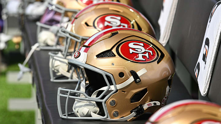 Sep 15, 2024; Minneapolis, Minnesota, USA; San Francisco 49ers helmets sits idle during the game against the Minnesota Vikings at U.S. Bank Stadium. Mandatory Credit: Jeffrey Becker-Imagn Images