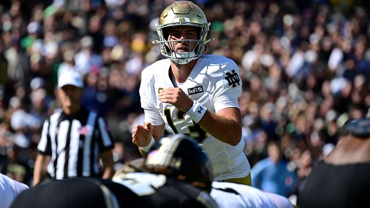 Notre Dame's CJ Carr could be one of the QB prospects that the Vikings have their eye on after Monday's J.J. McCarthy trade. 