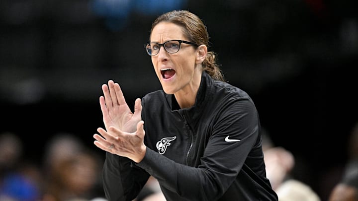 Aug 1, 2025; Dallas, Texas, USA;  Indiana Fever head coach Stephanie White yells to her team during the first half against the Dallas Wings at the American Airlines Center. Mandatory Credit: Jerome Miron-Imagn Images