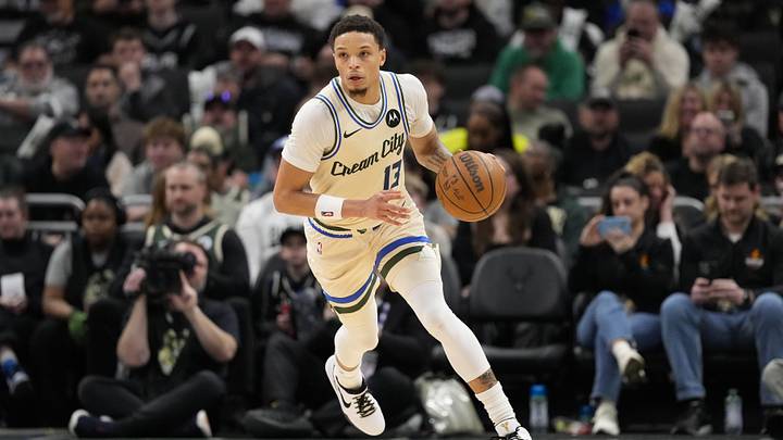 Mar 28, 2026; Milwaukee, Wisconsin, USA;  Milwaukee Bucks guard Ryan Rollins (13) during the game against the San Antonio Spurs at Fiserv Forum. Mandatory Credit: Jeff Hanisch-Imagn Images