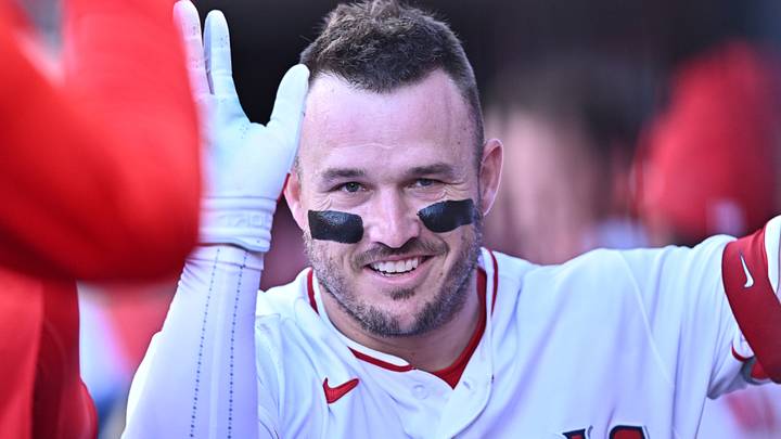 Jun 10, 2026; Anaheim, California, USA; Los Angeles Angels designated hitter Mike Trout (27) is greeted by teammates after hitting a home run during the first inning against the Houston Astros at Angel Stadium. Mandatory Credit: William Liang-Imagn Images Jun 10, 2026; Anaheim, California, USA; Los Angeles Angels designated hitter Mike Trout (27) is greeted by teammates after hitting a home run during the first inning against the Houston Astros at Angel Stadium. Mandatory Credit: William Liang-Imagn Images