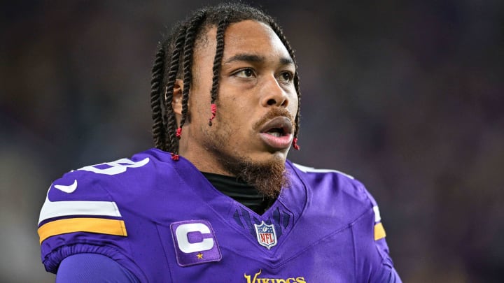 Dec 31, 2023; Minneapolis, Minnesota, USA; Minnesota Vikings wide receiver Justin Jefferson (18) warms up before the game against the Green Bay Packers at U.S. Bank Stadium. 