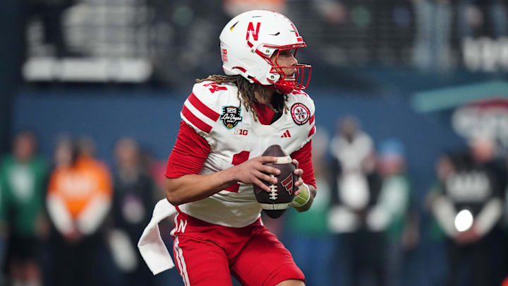 Dec 31, 2025; Las Vegas, NV, USA; Nebraska Cornhuskers quarterback TJ Lateef (14) throws the ball in the second half against the Utah Utes during the SRS Distribution Las Vegas Bowl at Allegiant Stadium. Mandatory Credit: Kirby Lee-Imagn Images Dec 31, 2025; Las Vegas, NV, USA; Nebraska Cornhuskers quarterback TJ Lateef (14) throws the ball in the second half against the Utah Utes during the SRS Distribution Las Vegas Bowl at Allegiant Stadium. Mandatory Credit: Kirby Lee-Imagn Images