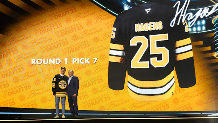 Jun 27, 2025; Los Angeles, California, USA; James Hagens is selected as the seventh overall pick to the Boston Bruins in the first round of the 2025 NHL Draft at Peacock Theater. Mandatory Credit: Kirby Lee-Imagn Images